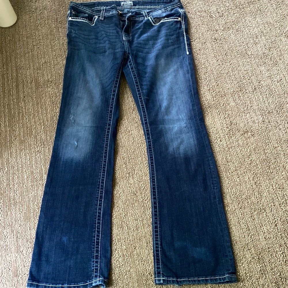 Daytrip jeans, stretchy, button pockets, functional, slight wear on legs